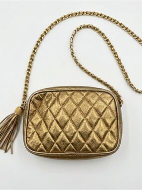 Y2K Gold Leather Quilted Crossbody Shoulder Bag with Tassel